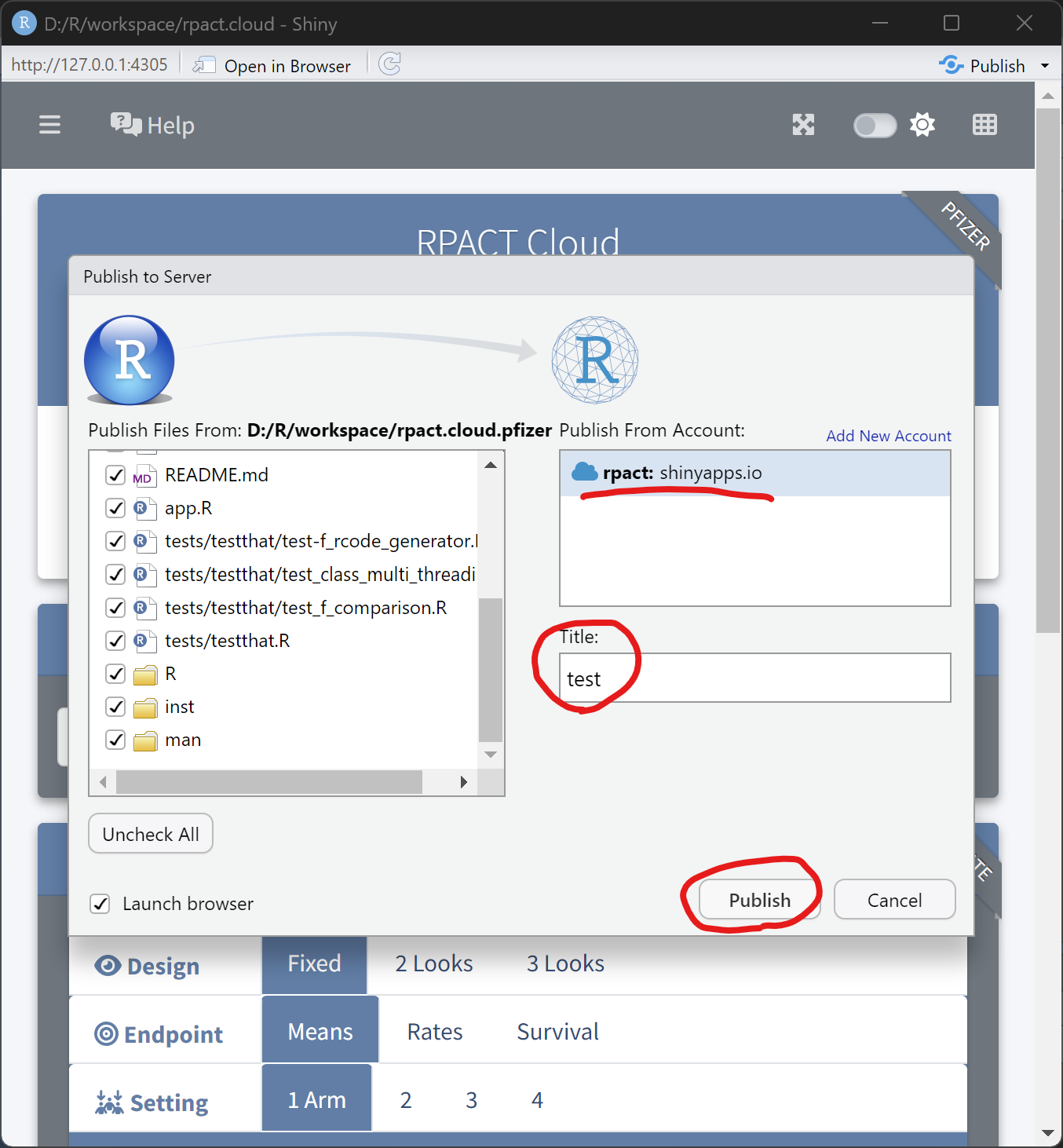 Screenshot showing the Publish to Server dialog in RStudio