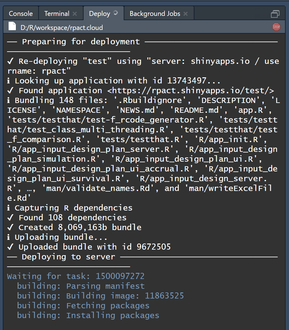 Screenshot showing
the deployment progress in the Deploy tab of RStudio