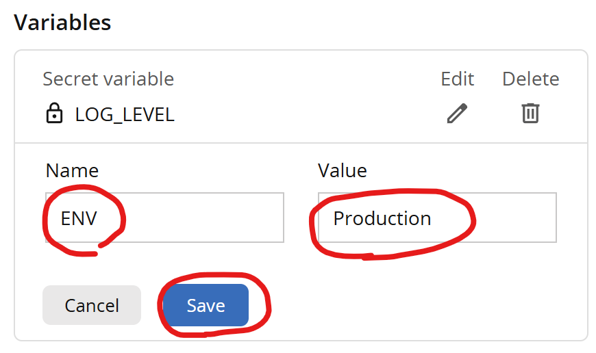 Screenshot showing the dialog to specify Name and Value for a variable in the Posit Connect Workbench